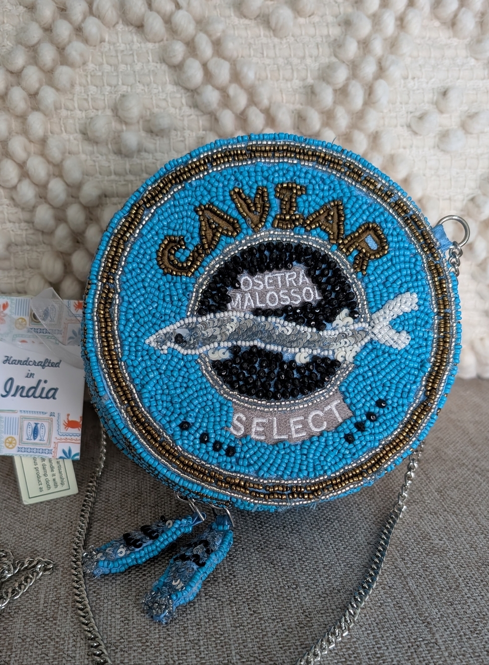 BNWT Hand Crafted Turquoise and Gold Beaded Caviar Motif Crossbody